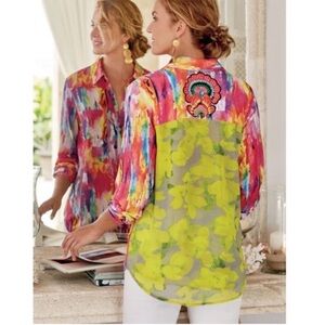 Soft Surroundings PM Festiva Embellished Vibrant Button Front Top Blouse Tunic